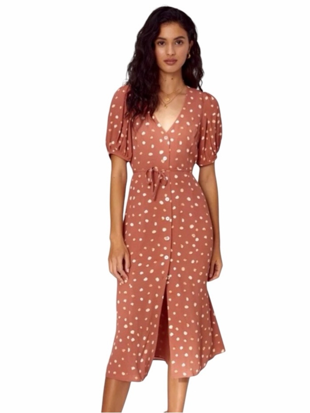 Aritzia Wilfred Libretto Puff Sleeve Button-Front Midi Dress Terracotta Sz L